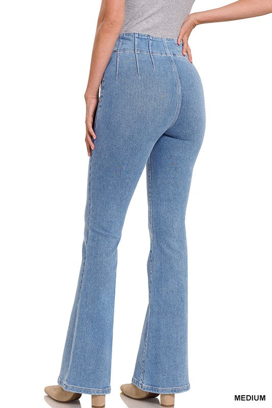 Pin-tuck High Waist Flare Jean