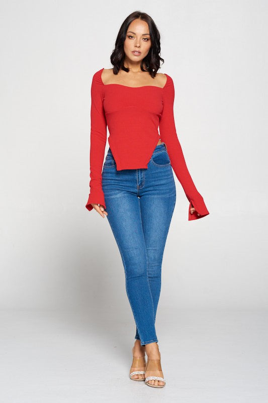 Red Square Neck Top