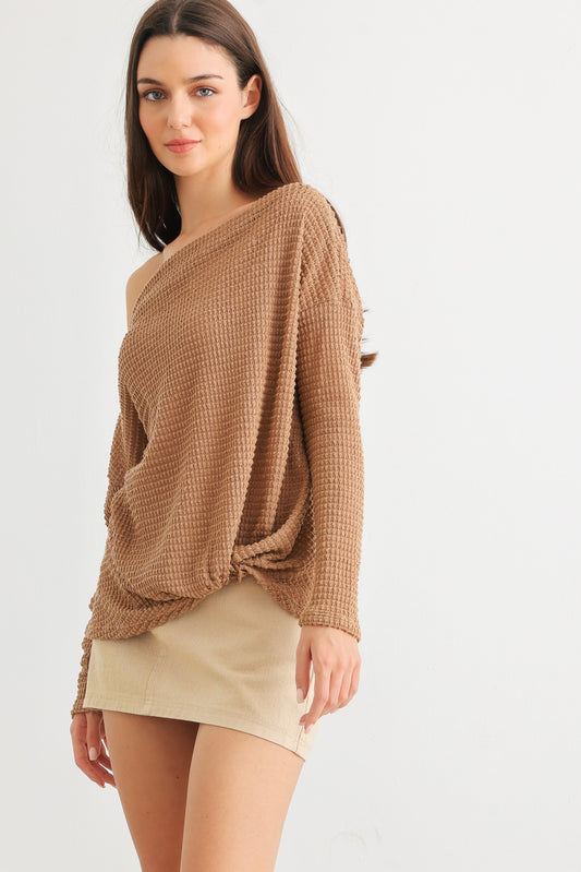 Waffle Knit Off-The-Shoulder Twist Hem Top