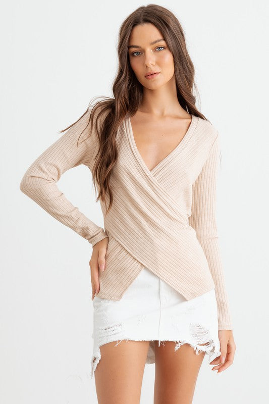 Oatmeal Ribbed Wrap Front Long Sleeve Top