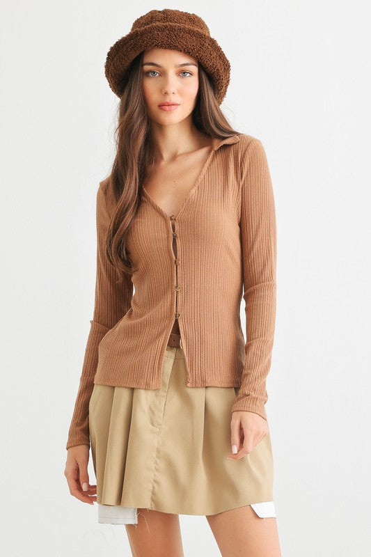 Ribbed Button-Up Collared Neck Long Sleeve Top