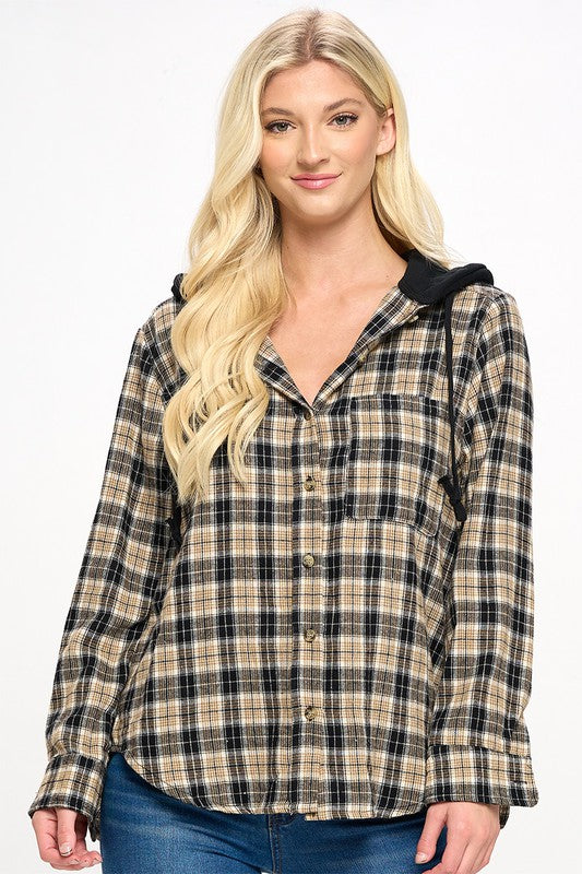 Plaid Hooded Button-Up Shirt Jacket