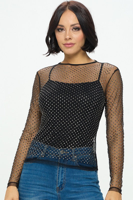 Long Sleeve Sheer MeshTop With Rhinestones