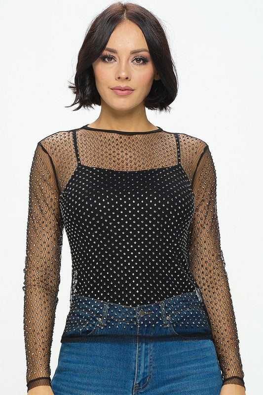 Long Sleeve Sheer MeshTop With Rhinestones