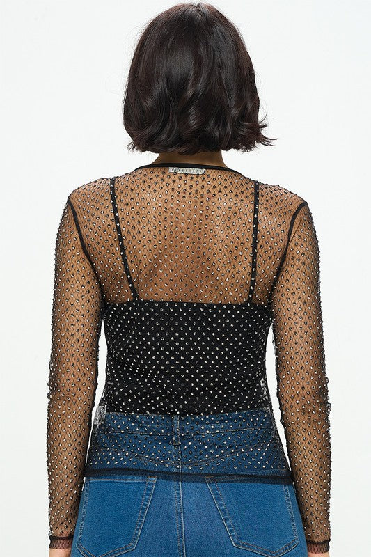 Long Sleeve Sheer MeshTop With Rhinestones