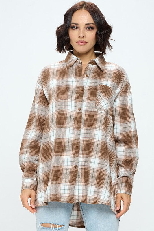 Oversized Long Sleeve Plaid Top