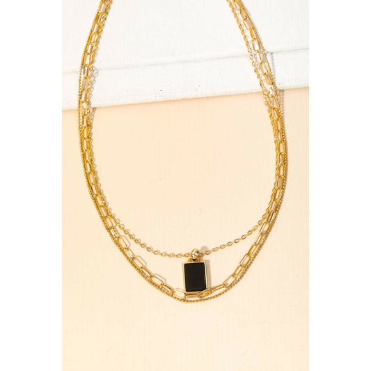 Layered Chain Link Rectangle Charm Necklace