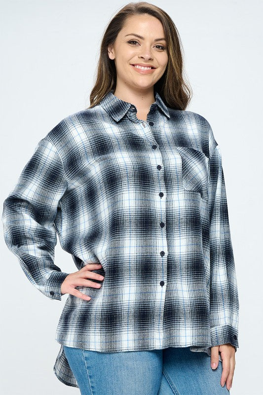 Junior Plus Button Up Oversized Plaid Shirt