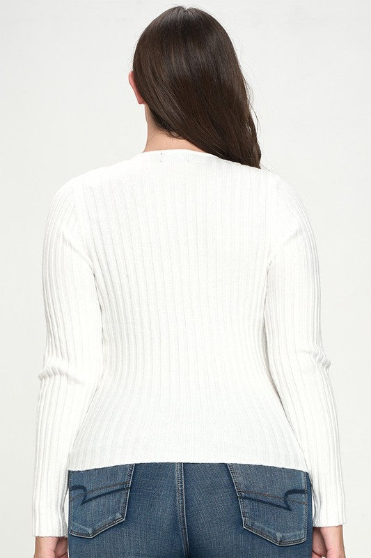 Curvy Long sleeve v neck ribbed knit top