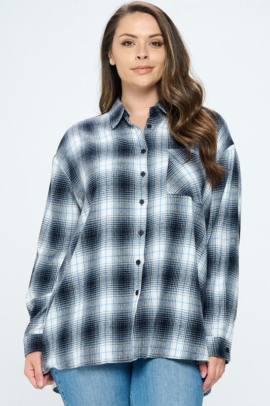 Junior Plus Button Up Oversized Plaid Shirt