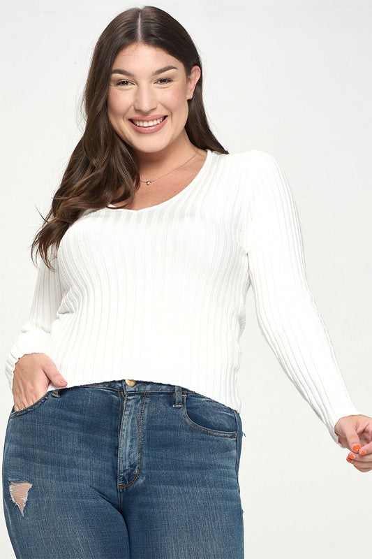 Curvy Long sleeve v neck ribbed knit top