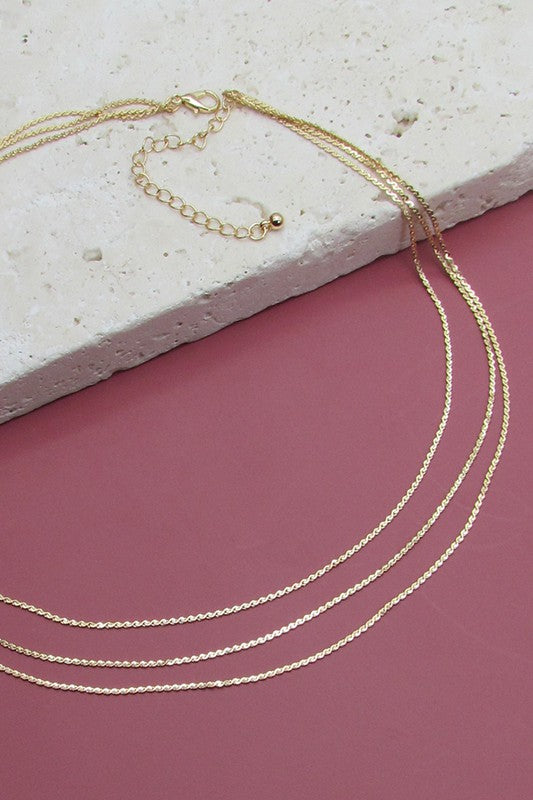 Gold Triple Layer Thin Flat Chain Necklace