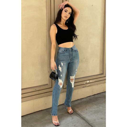 High Rise Distressed Slit Jeans