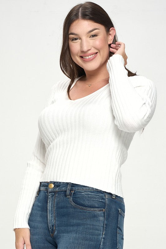 Curvy Long sleeve v neck ribbed knit top